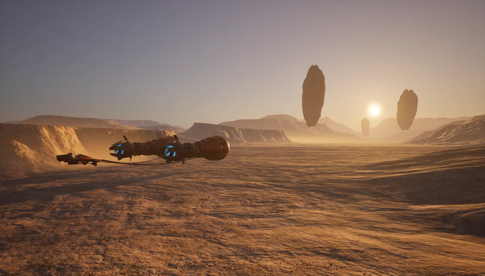 Hangar interior bathed in warm ambient light