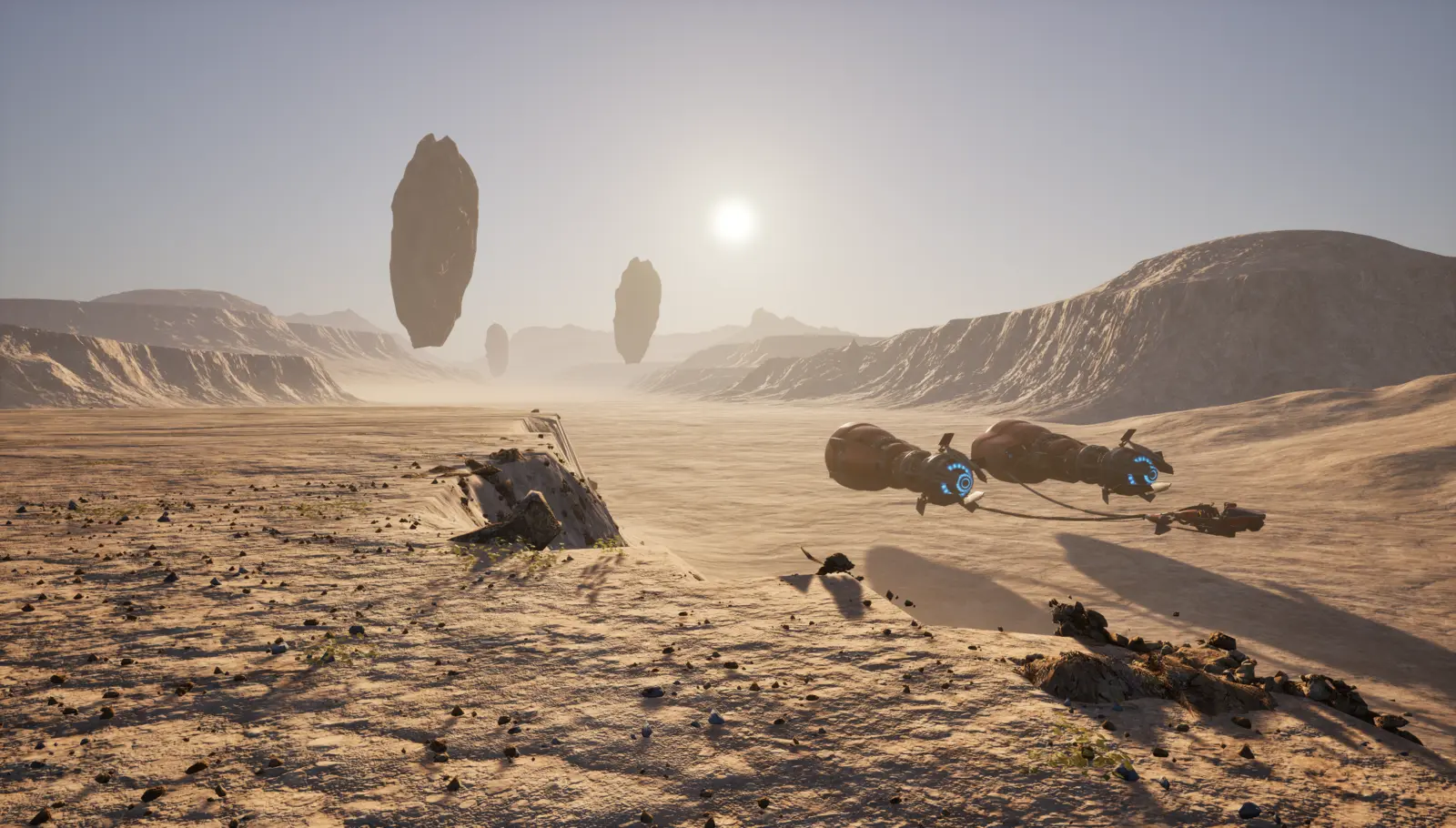 Desert landscape with rock formations at sunset