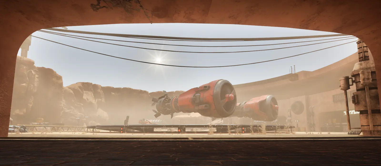 Hangar interior with the Scarab parked inside