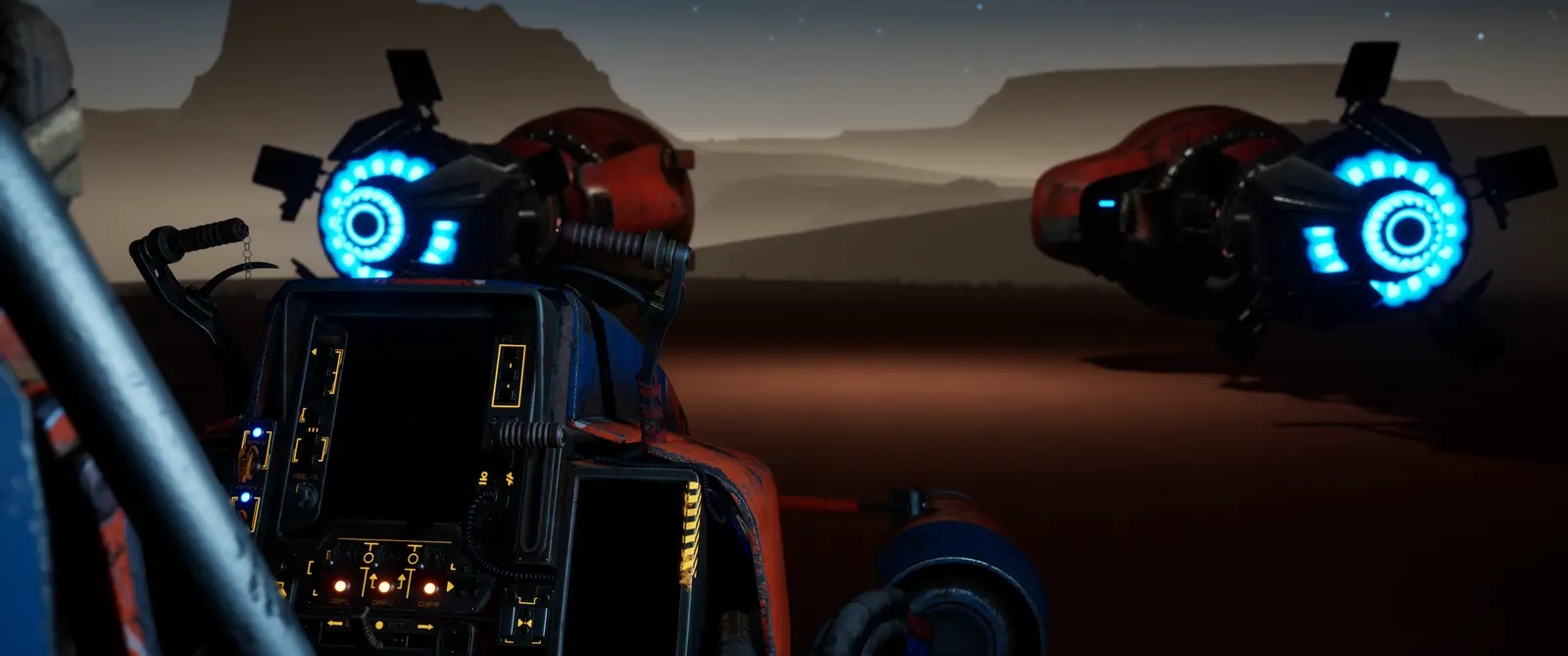 The Scarab hoverbike racer from the side, twin engines glowing